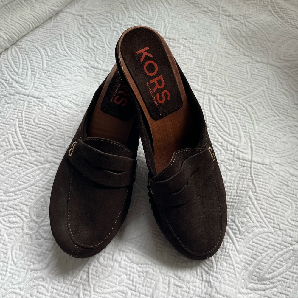 Michael Kors - brown suede and wooden clogs - open back - size 8